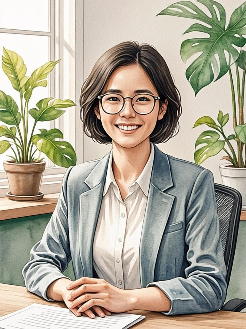 Dr. Elena Hart, founder of MyMindGarden, in her plant-filled office