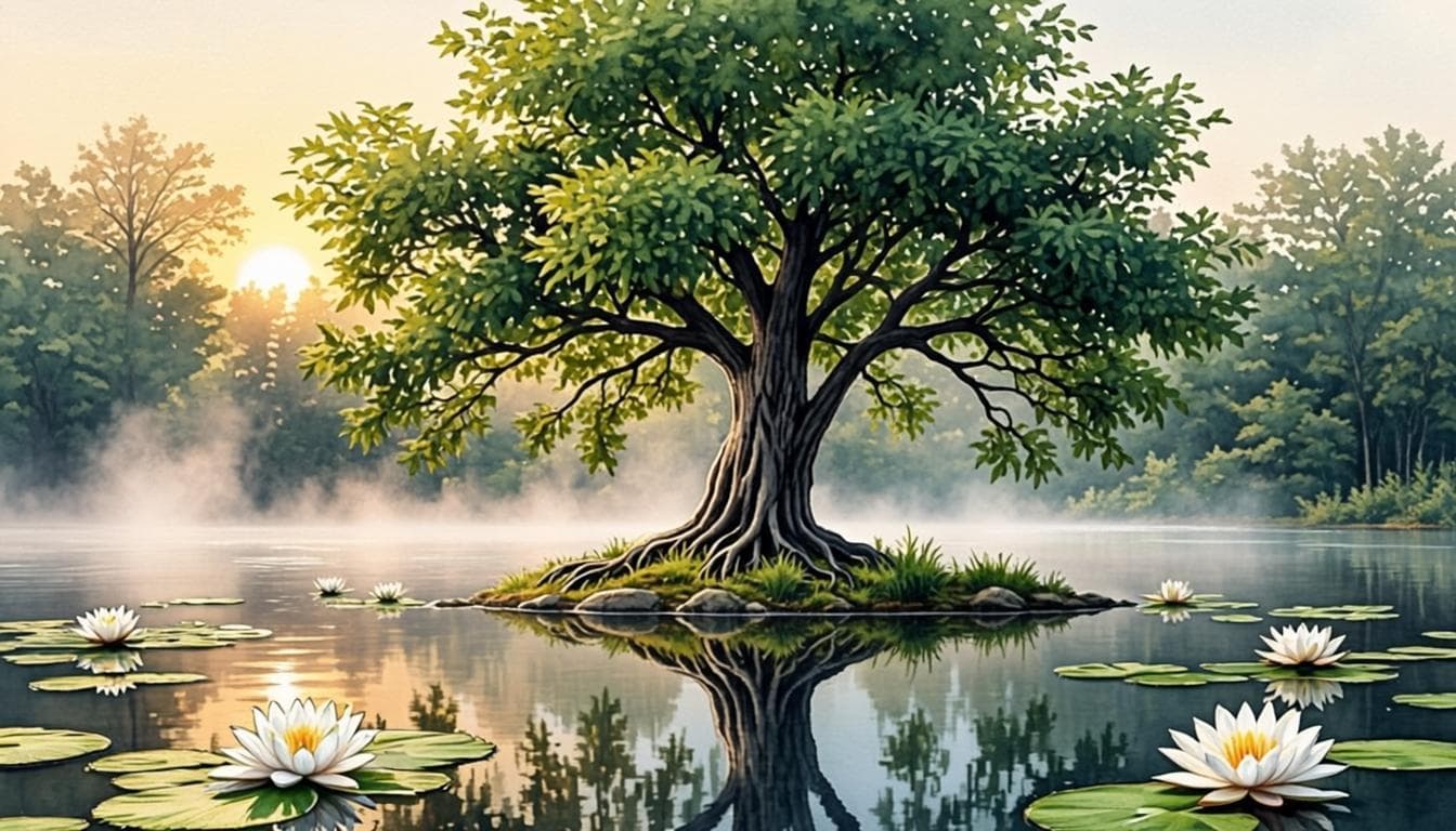 A serene zen garden at golden sunrise — a single tree on calm water with floating lotus flowers
